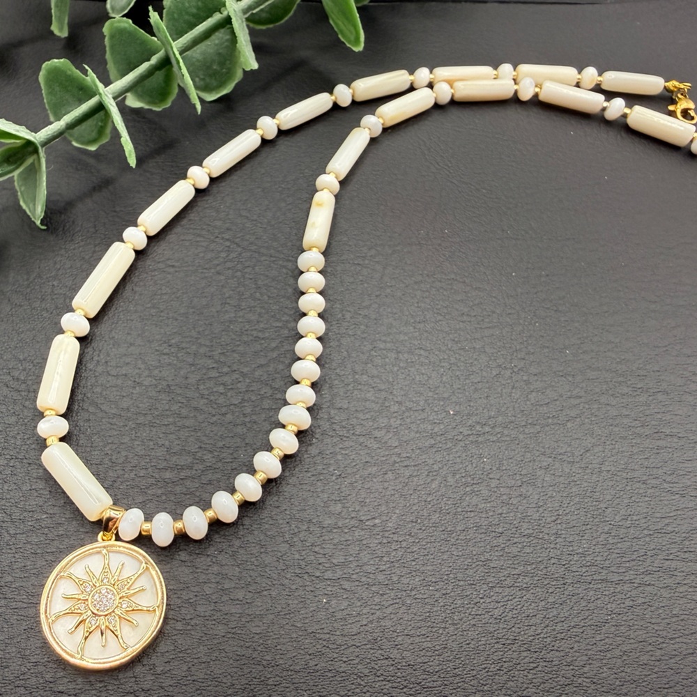 Gold Sun Medallion Cream Beaded Necklace by
